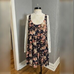 American Eagle Navy & Pink Floral Dress Medium Babydoll Flowy